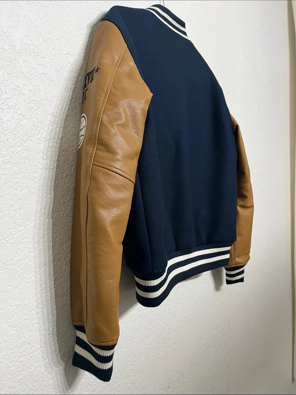 Aeropostale Men’s XS Varsity Jacket With Navy Blue Wool and Tan Leather Sleeves
